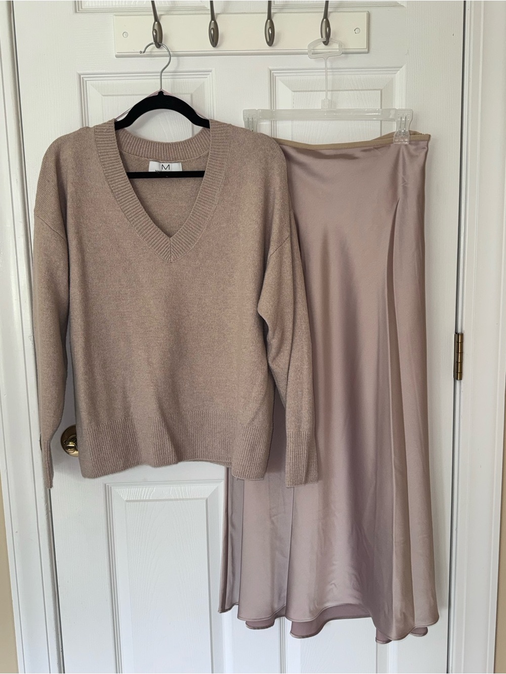 Magaschoni Blush Beige Satin Maxi Skirt and Sweater set